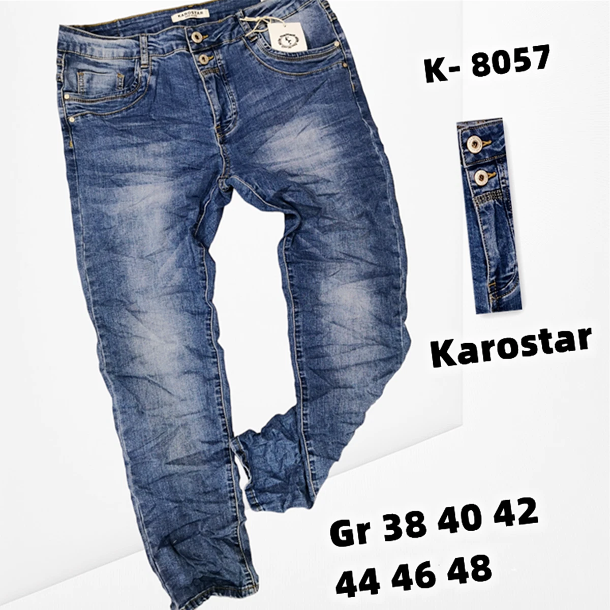 KAROSTAR Jeans Hose Baggy Denim Rei verschluss Jeans Blau 38 40 42