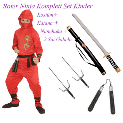 NINJA ROT KOSTÜM SET KINDER Karneval Schwert Sai Gabeln Dolch Waffe Junge  # N13