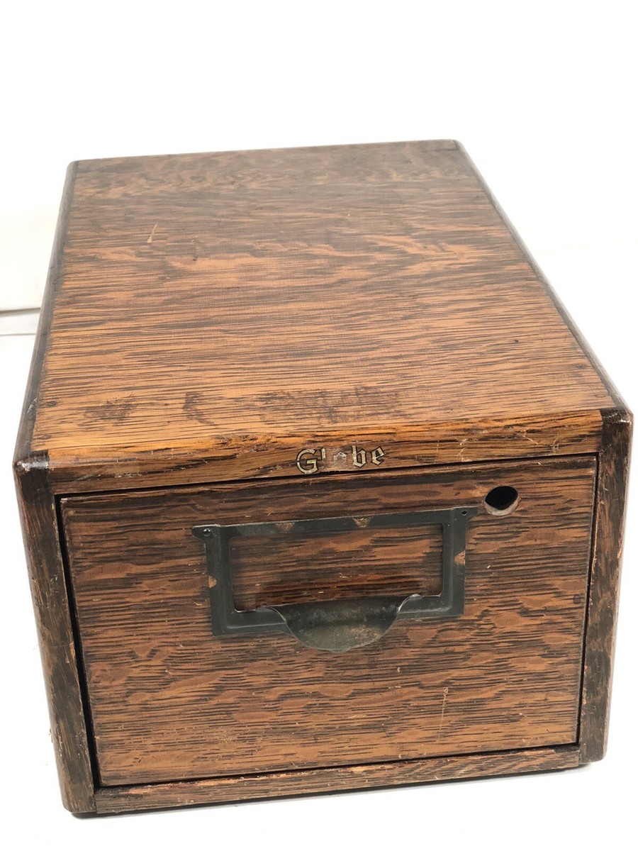 Vintage Globe Wernicke Solid Oak Index Card File Box Drawer