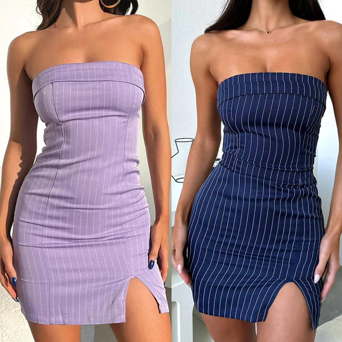 Women Tunic Mini Dress Tube Top Dress Slim Fit Vertical Stripe Clubwear  Clothing