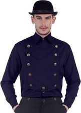 Steampunk Victorian Cosplay Costume Mens Linen Airship Shirt Navy