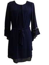By & by, chiffon dress with belt, Medium, lined, navy, tag $52 NWT