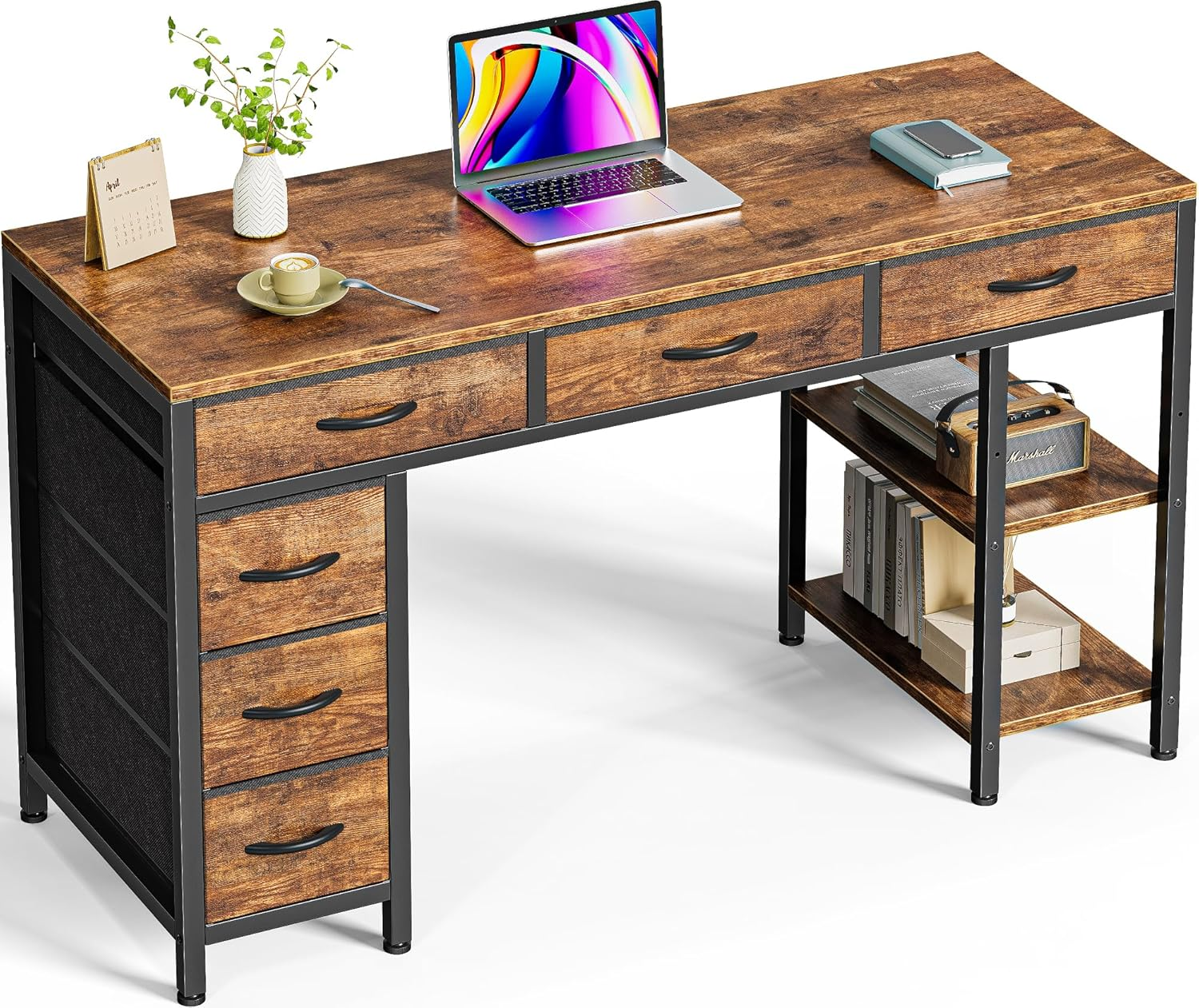 47-Inch Reversible Gaming Desk with 6 Drawers and Shelves for Home Office-image