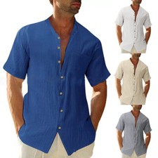 Mens Summer Solid Loose Short Sleeve Linen Shirts Casual Dress Shirt Blouse Tops
