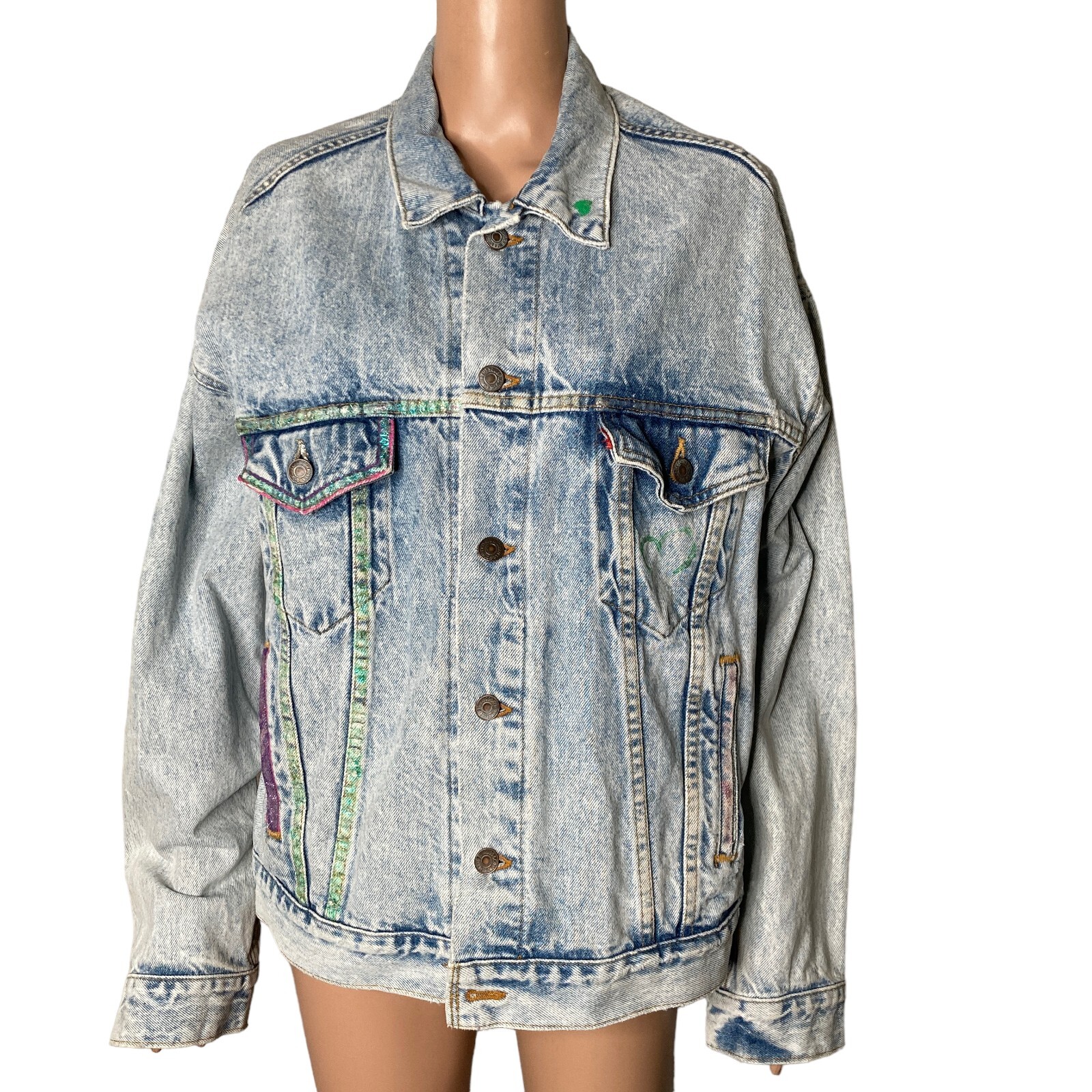 vintage levis trucker jacket womens XL custom design light wash painted thumbnail 11