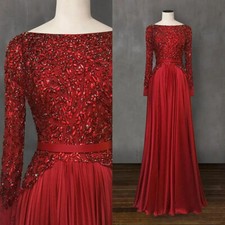 Elegant Formal Red Evening Dresses Beaded Crystal Long Sleeves Prom Party Gowns