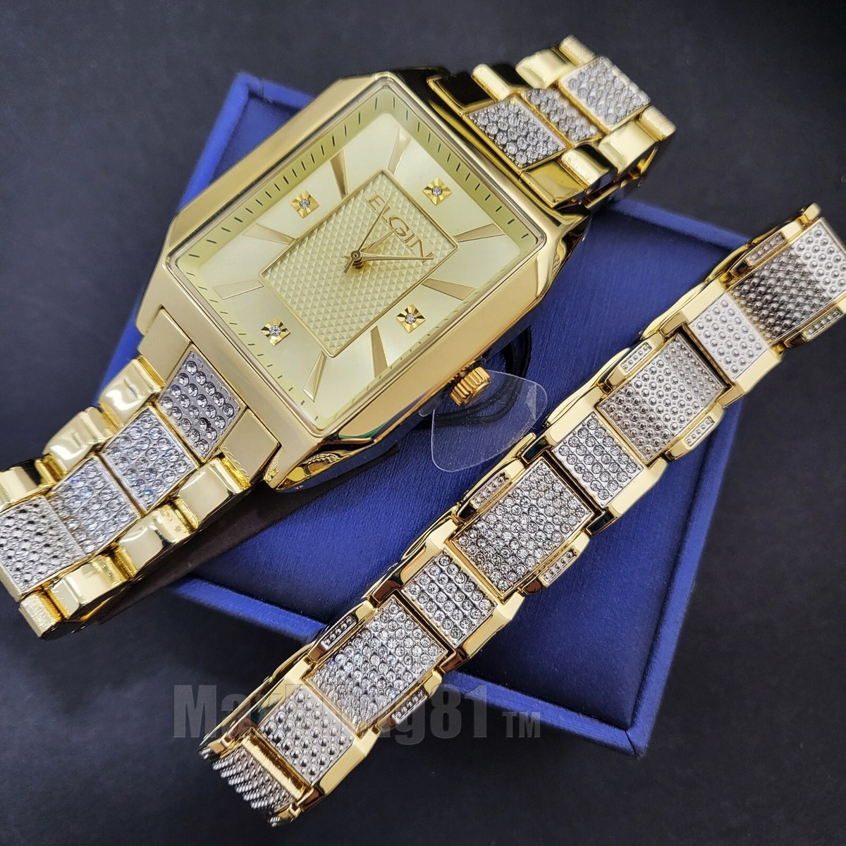 Men Elgin Luxury Lab Diamond Stainless Steel Iced Square Watch