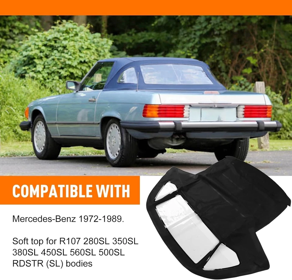 Tapa blanda convertible negra con ventana de plástico transparente para R107 380SL 450SL 560SL Foto 3 de 4