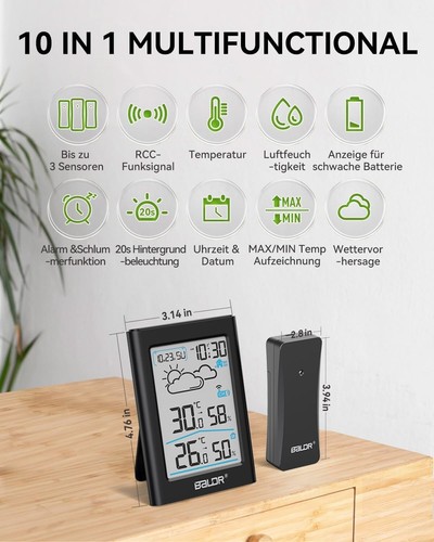 BALDR Wetterstation Funk mit Außensensor, Digital DCF-Funkuhr Thermometer Inn... - Bild 5 von 8