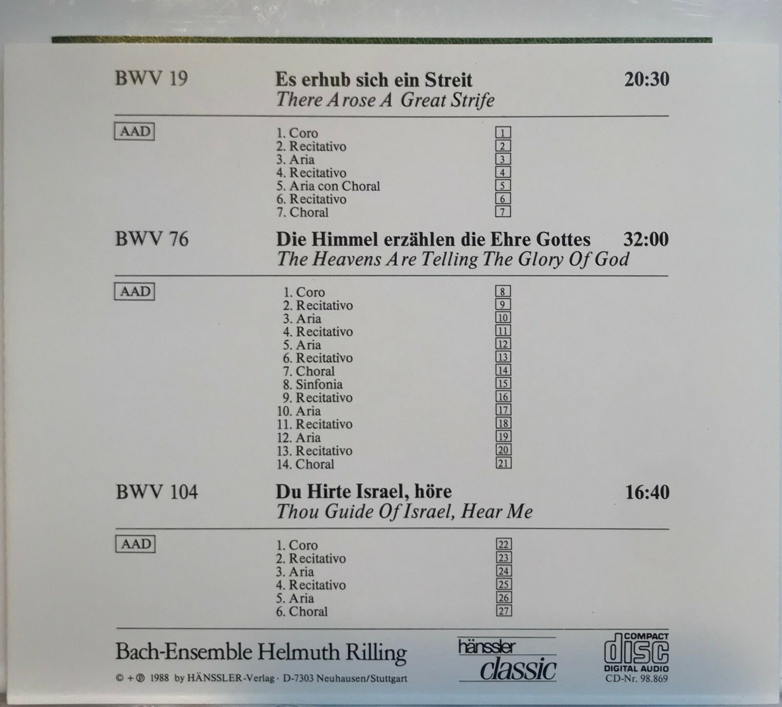 Die Bach Kantate Vol 18 / Helmuth Rilling, Bach Ensemble (CD 1988 ...