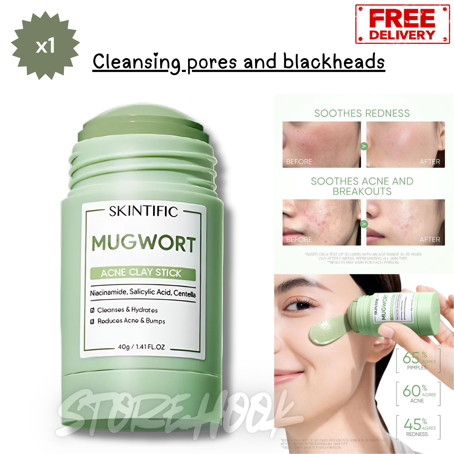 SKINTIFIC Mugwort Acne Clay Mask Stick 40g Reduces Redness Inflammation Pores
