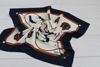 Vintage Cartier Scarf Women 100% Silk Logo Border Paris France