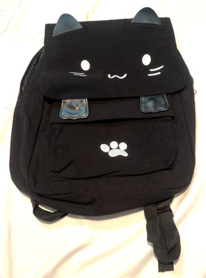 Canvas Black Cat Backpack Embroidered Details Fully Lined Reinforced Straps GC