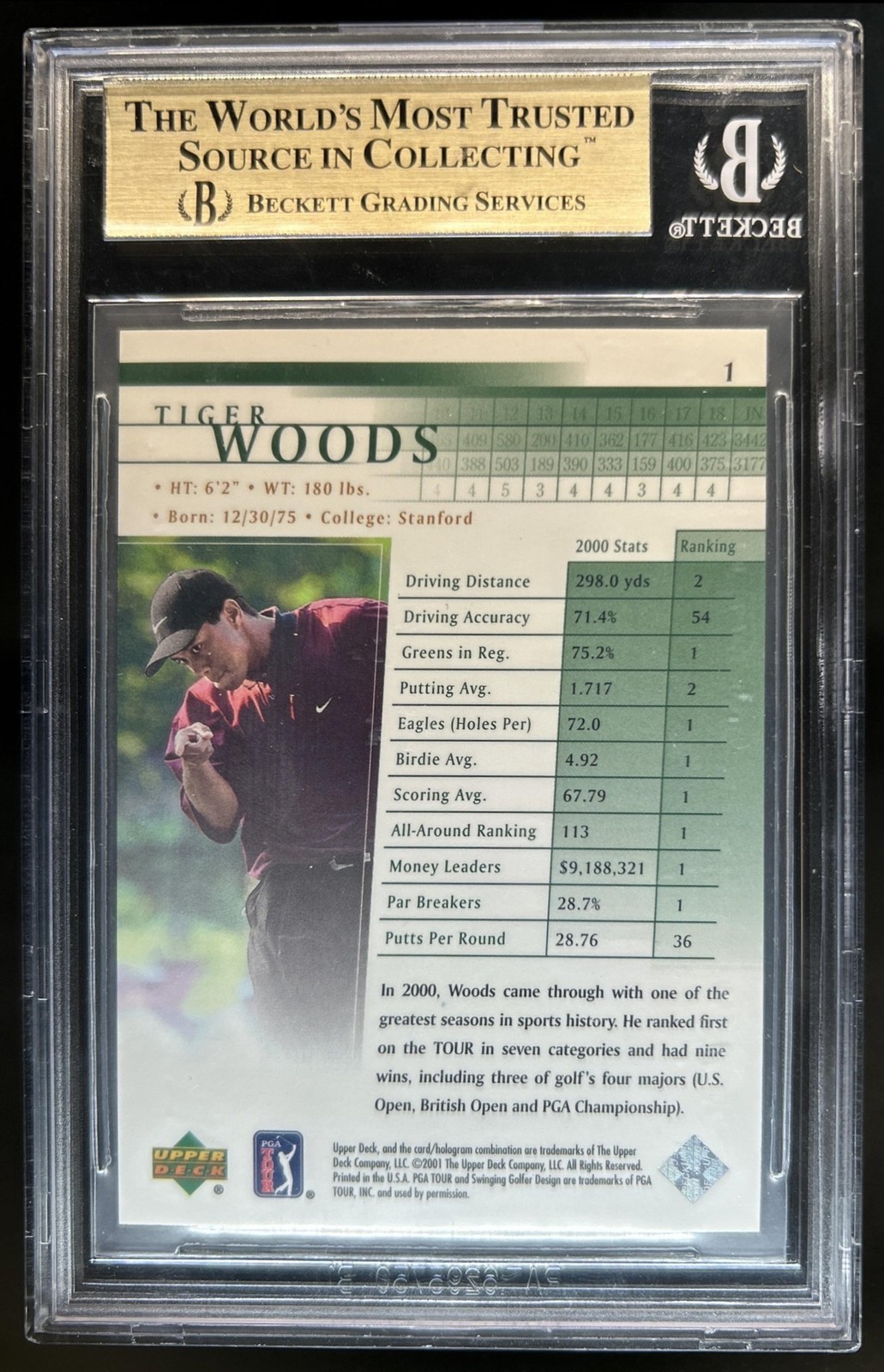 2001 Upper Deck Tiger Woods Rookie RC #1 BGS 9.5 GEM MINT view 2