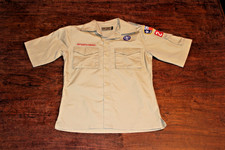 Boy Scouts of America BSA Youth Shirt Tan Medium Sewn Patches Short Sleeve