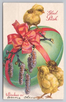Glad Pask schwedische Ostern Postkarte Küken Muschi Weide Ei Illustration Mini