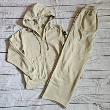 Alo Yoga Beige Zip Up Hooded Jacket & Wide Leg Sweatpant Set