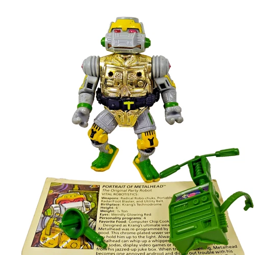 Vintage 1989 TMNT Metalhead Action Figure weapons and profile card