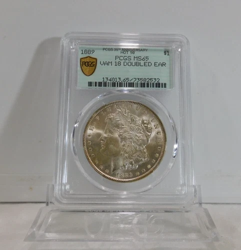 GOLD SHIELD/ SPECIAL LABEL!  1889-P  Morgan "VAM-18" Silver Dollar, PCGS MS-65!