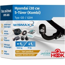 ANHÄNGERKUPPLUNG für Hyundai i30 Kombi CW GD 12-17 starr HOOK +13p E-Satz JAEGER