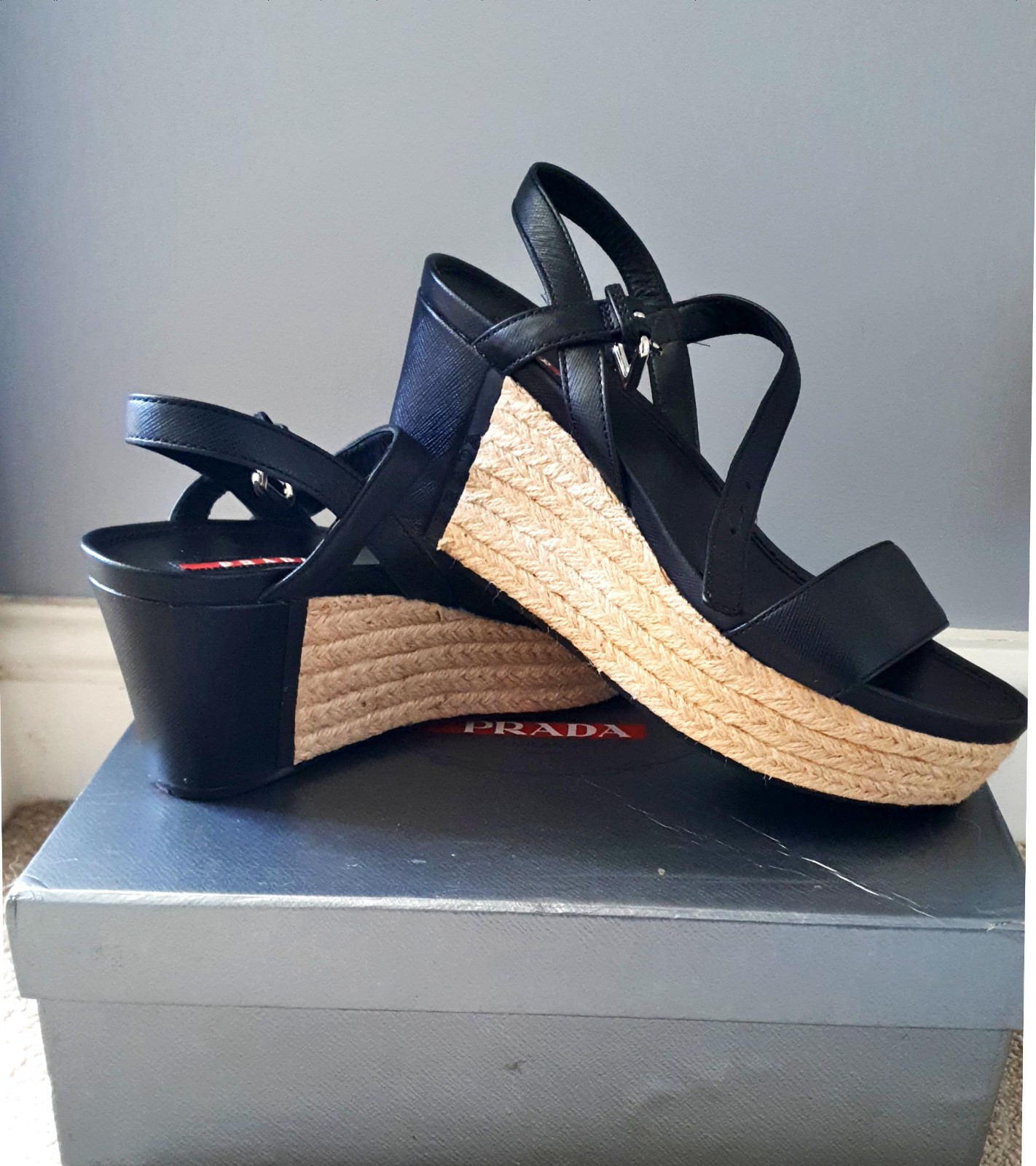 Prada Espadrille Wedge Leather Shoes Size 39 / 6.5 Women's