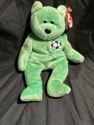 1998 Ty Beanie Baby Kicks the Soccer Bear Push Toy - Mint Condition 8.5”