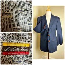 VTG 70's Montgomery Ward Navy Blue Wool Blazer Sport Coat Novelty Car Lining 41R