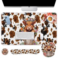 Highland Cow Flower Desk Mat Leaves Cartoon Print Mouse Pad Set 4 in 1 Ergono...