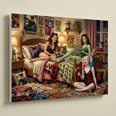 Catwoman Poison Ivy Harley Quinn Canvas UV Print 16x12 - Vintage Pin-Up Wall Art