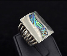 Vintage Sterling Abalone Inlay Modernist Ring 8 Ribbed Wide Band Chunky Abstract