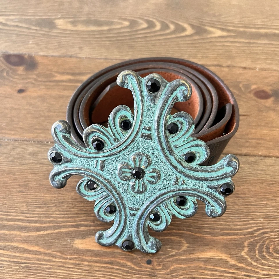 Cinturón Mujer Cuero Marrón Estrás Cruz T Hebilla Talla 36 Hecho en EE. UU. Foto 4 de 4