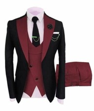 Men Black Suit Party Prom Dinner Burgundy Vest Pants Groom Tuxedo Wedding Suits