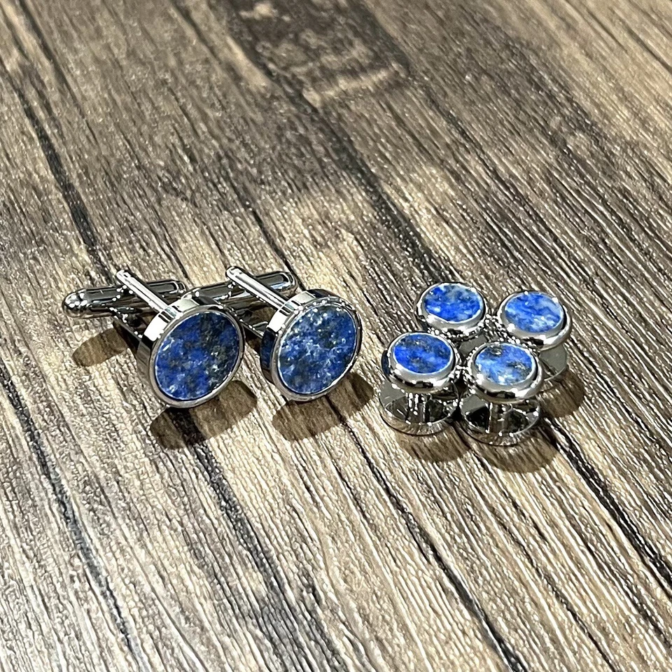 Round Lapis Lazuli Cufflinks And Dress Shirt Studs Set Men Wedding Essentials Foto 3 de 4