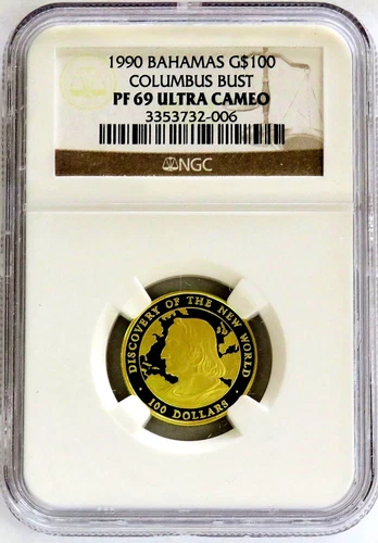1990 GOLD BAHAMAS 500 MINTED PROOF $100 COLUMBUS BUST NGC PF 69 ULTRA CAMEO