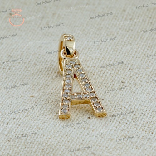 Solid 14k Yellow Gold A Initial Pendant Genuine Diamond A Letter Charm Jewelry - Picture 9 of 9