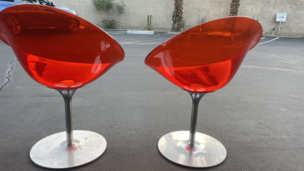 PAIR 2 RED Kartell EROS Phillipe Starck Acrylic Swivel Chairs