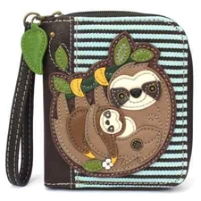 NEW CHALA BLUE BROWN STRIPE SLOTH WITH BABY ZIPPERED WALLET ORGANIZER