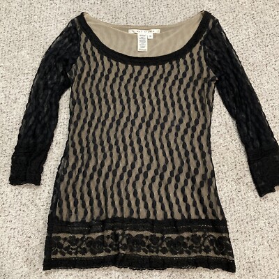 Max Studio Black Lace Overlay Nude Lining Long Sleeve Top Blouse Shirt Grunge M