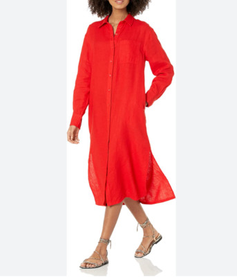 The Drop Fiona Relaxed Linen Midi Shirt Dress Flame Red Size Small Blogger Fave!