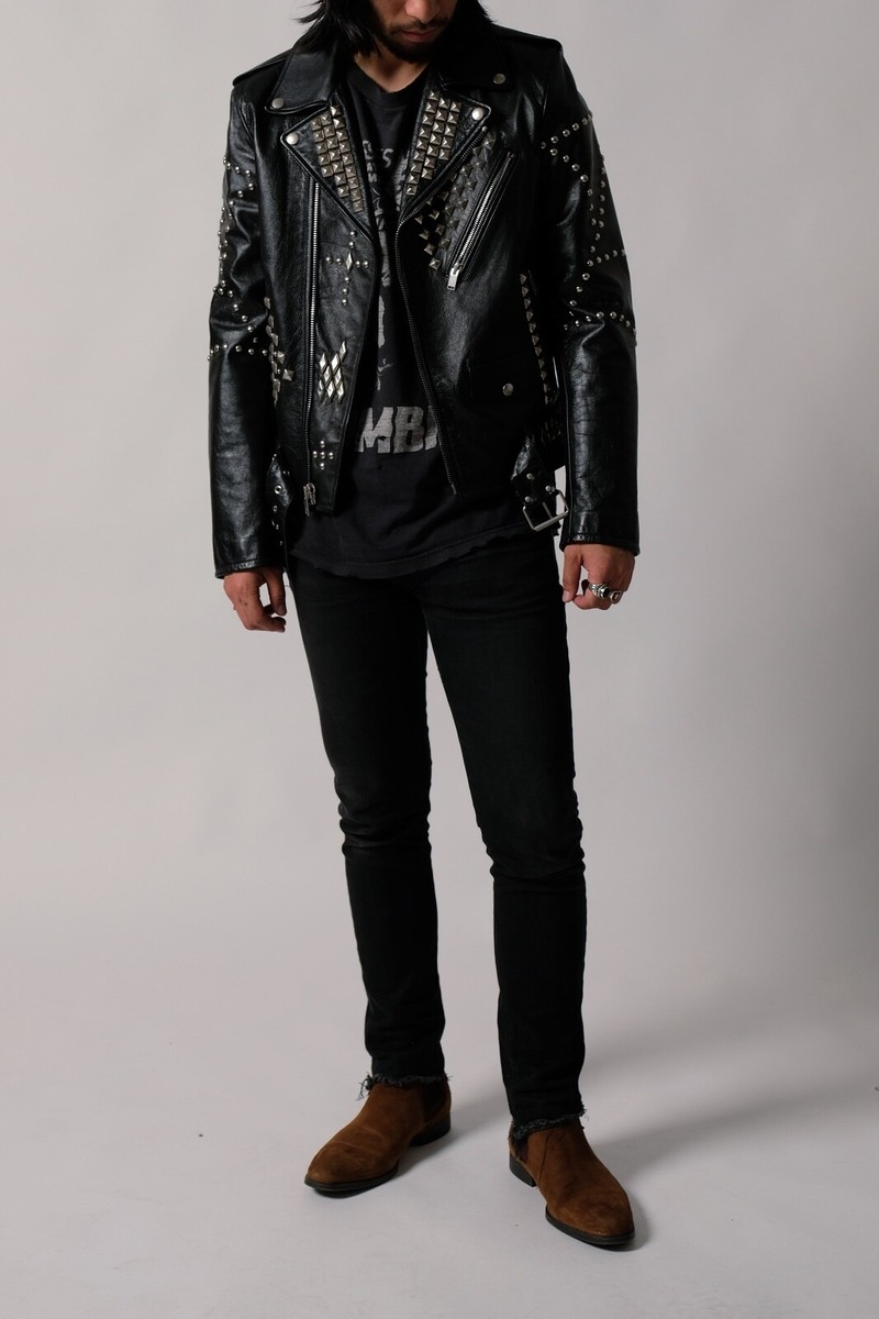 Saint Laurent Leather Jacket Paris Studded Black Biker Hedi