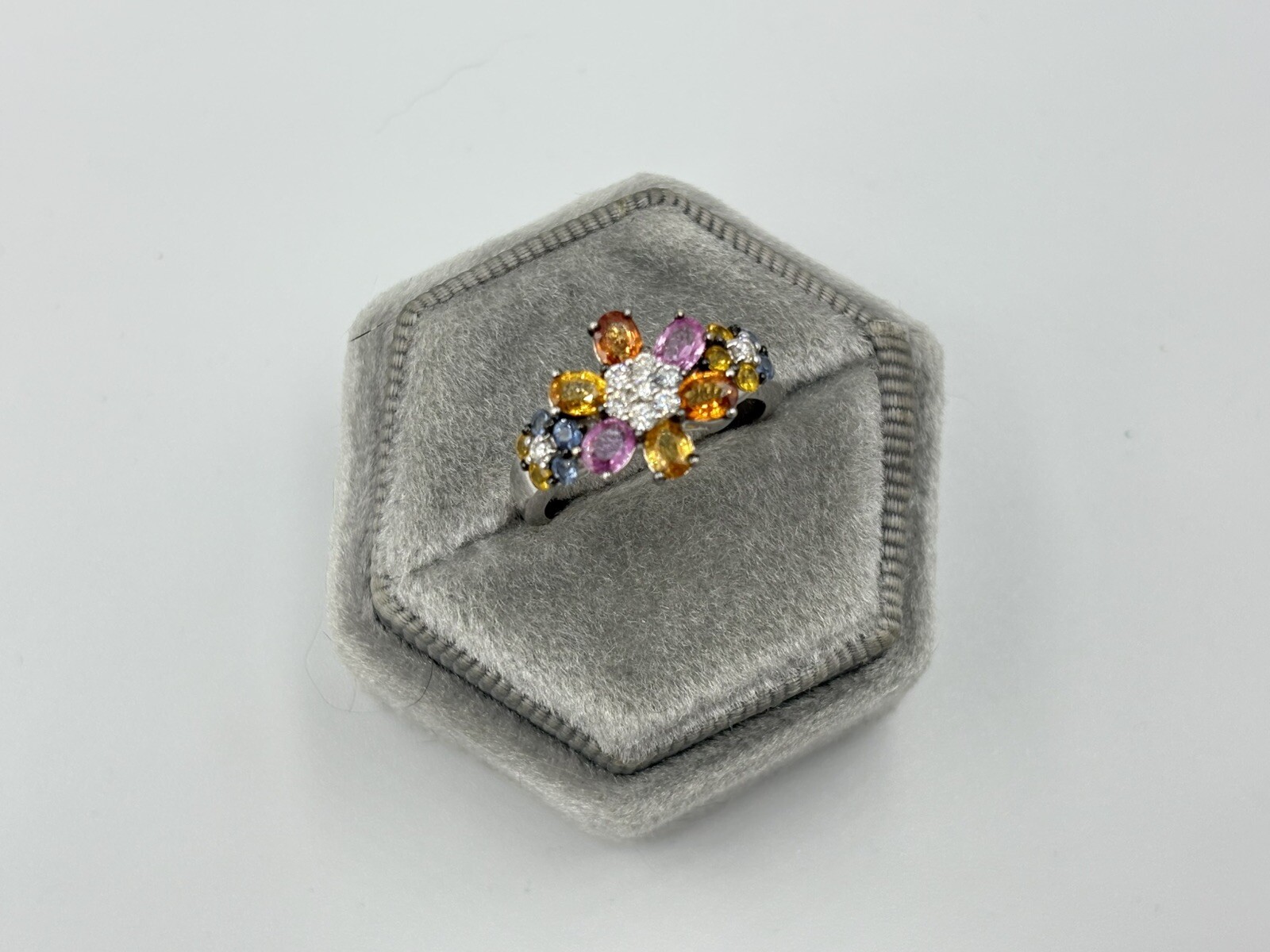 18K White Gold Multi Color Sapphire Diamond Flower Ring