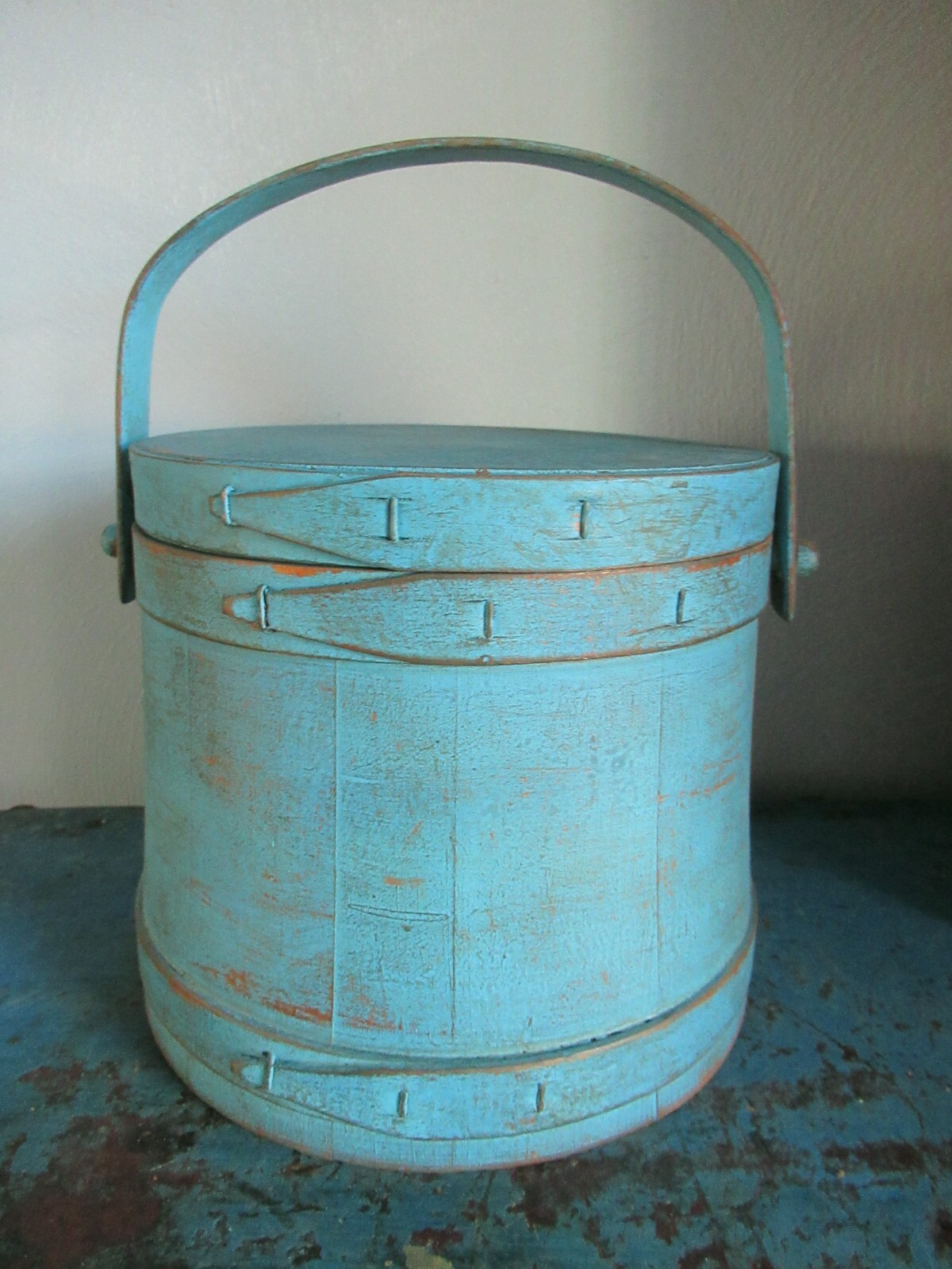 7 3/8" Old Firkin/Sugar Bucket/Wooden Blue PaintPantry BoxSpice Box