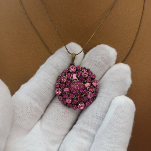 Michal Negrin Necklace Pink Round Dome Pendant and Swarovski Crystals Cross Gift - Picture 4 of 14