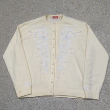 Vintage 70s Kungs Hawaii Cardigan Womens 42 Cream Angora Lambswool Beaded Trees