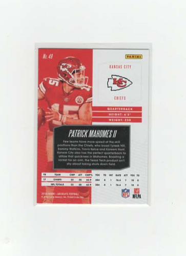 2018 Panini Absolute Gold Patrick Mahomes #49 Kansas City Chiefs 2nd Year Card - Bild 2 von 2