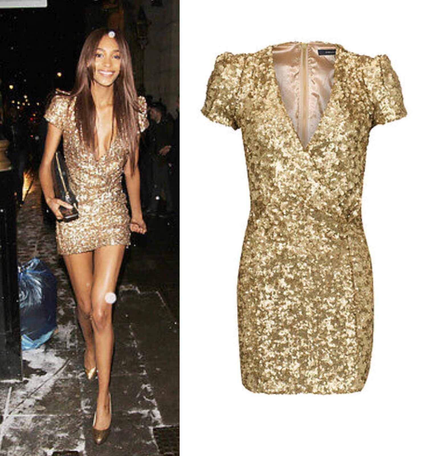 ICÓNICO VESTIDO FRANCÉS CONEXIÓN SAMANTHA LENTEJUELAS DORADAS FIESTA CÓCTEL REINO UNIDO 6 EE. UU. 2