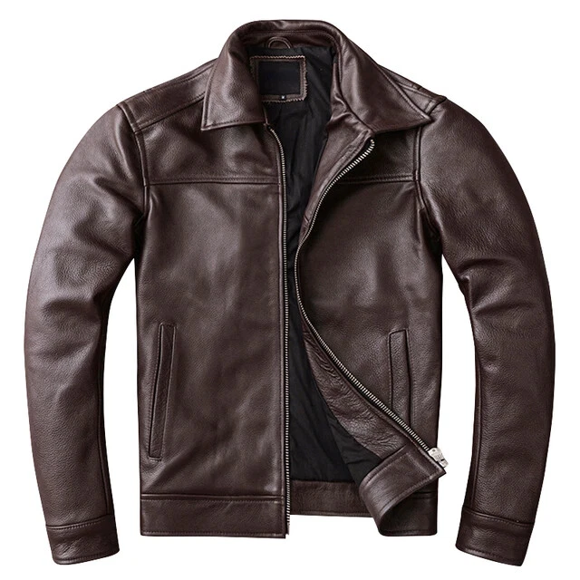 Brown Cowhide Leather Cafe Racer Jacket Biker Slim Fit Casual Winter Coat XS S M