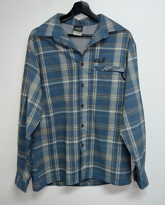 Jack Wolfskin Outdoor Long Sleeve Button Up Shirt Size S 42 44 Blue Plaid Vented