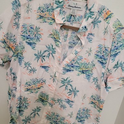 Tommy Bahama Womens Small White Tropical Palm Tree 100% Linen Button Up Shirt