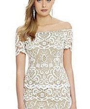 Badgley Mischka Ramona Lace Top White Overlay Nude Tan 14 Off Shoulder NWT $139